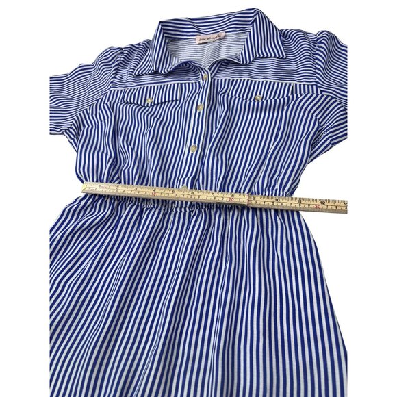 Blue & White Striped Shirt Dress By Love Blossom Button Front Elastic Waist Shor - Picture 8 of 10
